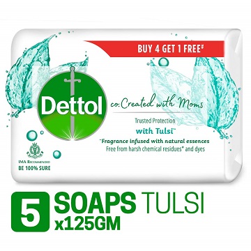 Dettol Co-created with moms Tulsi Bathing Soap , 125gm (Buy 4 Get 1 Free)