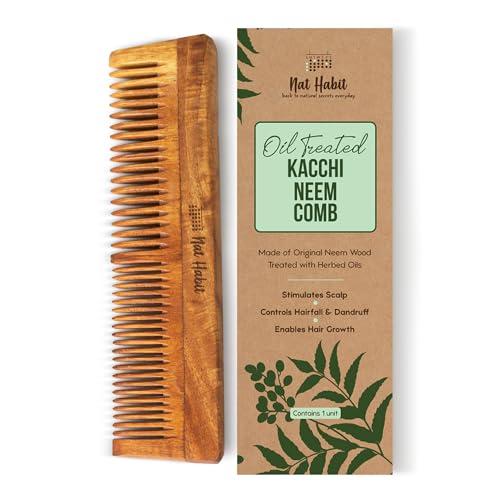 Nat Habit Kacchi Neem Wooden Comb – Soaked In 13 Herbs, Neem & Sesame Oil For Multi-Actions – Detangling, Frizz Control & Shine,Suited For All Hair Types (Dual Tooth)