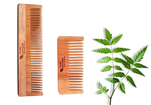 Pure Nature Neem Wood Comb For Hair Growth | Hair Comb Set Combo For Women & Men | Kachi Neem Kangi | Kanghi For Hair (Pack Of 2)